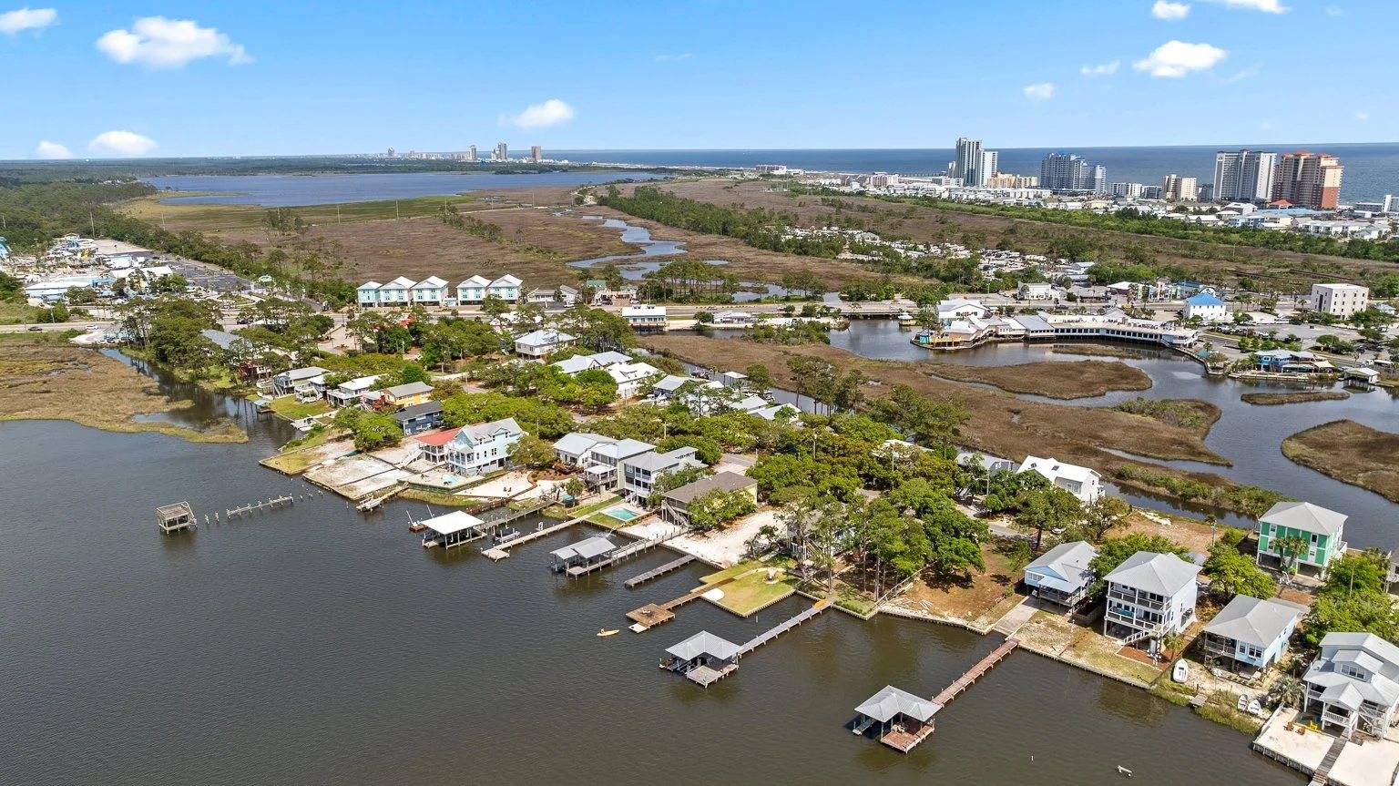 Drone view of waterfront homes along the Alabama Gulf Coast